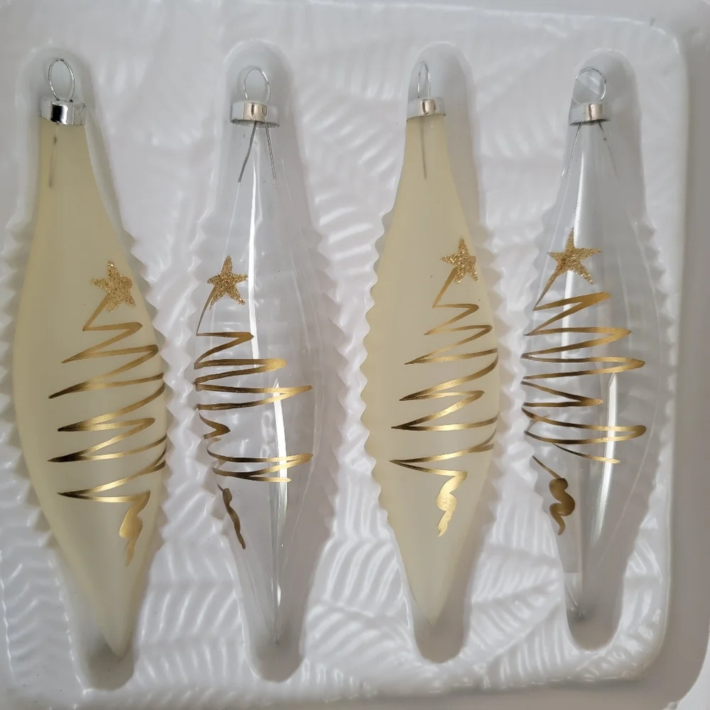 Set Of 3 Vintage Glass Christmas Tree Ornaments 12 Total Hand Painted Gold
